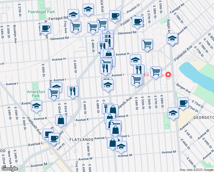 map of restaurants, bars, coffee shops, grocery stores, and more near 1740 Utica Avenue in Brooklyn