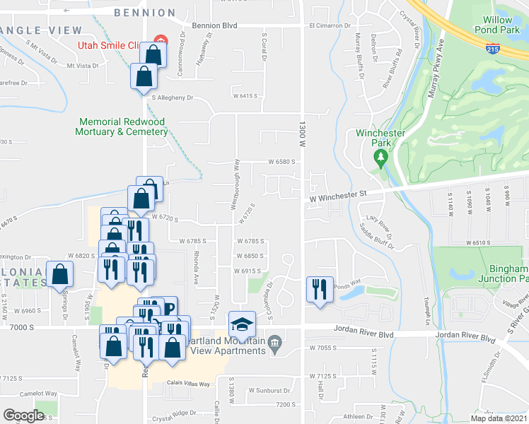 map of restaurants, bars, coffee shops, grocery stores, and more near 1400 West 6690 South in West Jordan