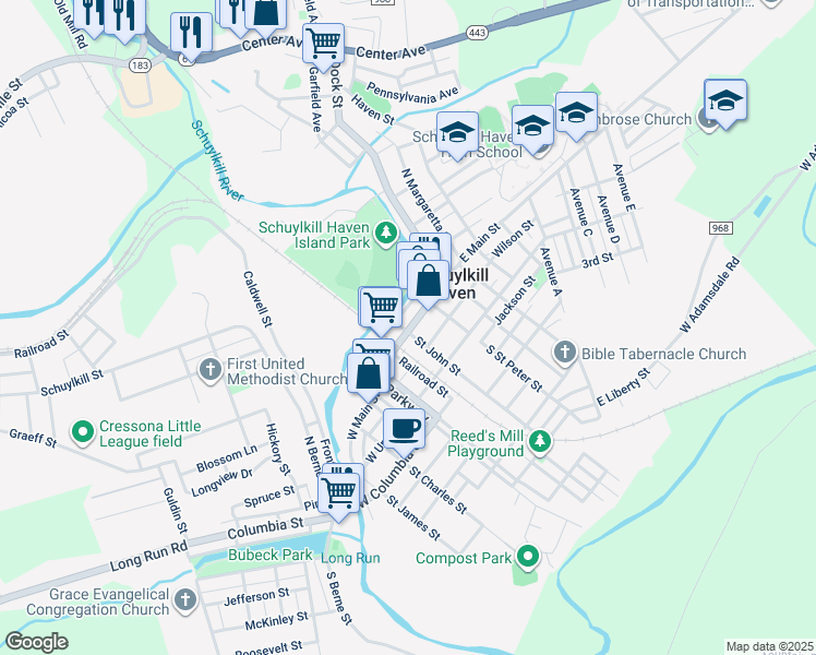 map of restaurants, bars, coffee shops, grocery stores, and more near 15 East Main Street in Schuylkill Haven
