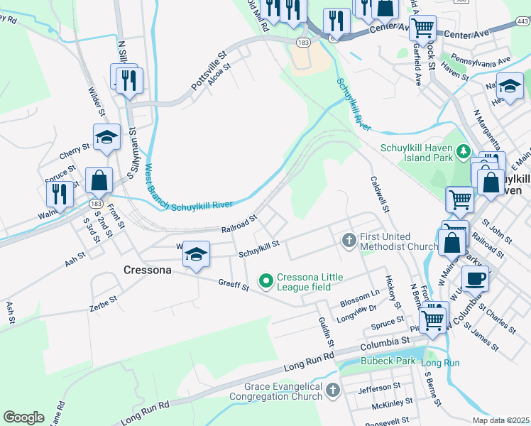map of restaurants, bars, coffee shops, grocery stores, and more near 161 Railroad Street in Cressona