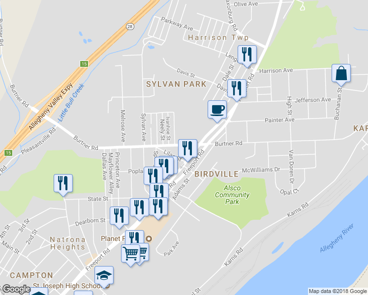 map of restaurants, bars, coffee shops, grocery stores, and more near 1010 Beacon Street in Natrona Heights