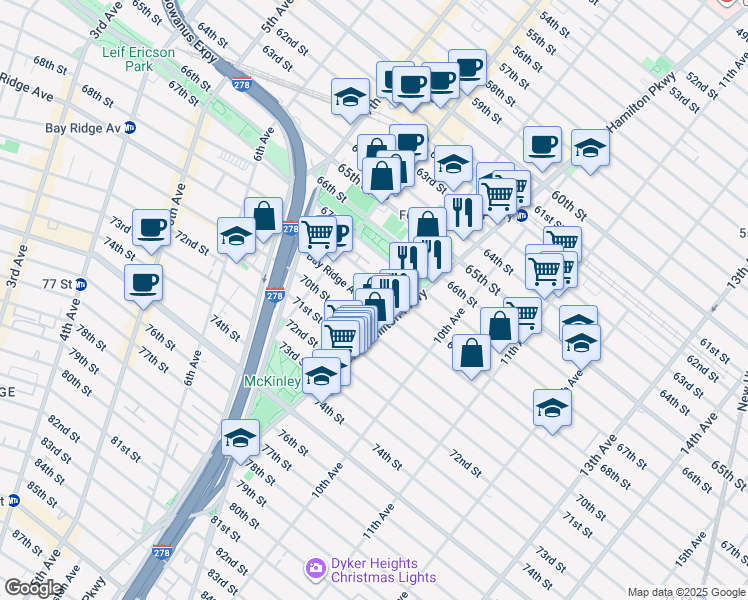 map of restaurants, bars, coffee shops, grocery stores, and more near 877 Bay Ridge Avenue in Brooklyn