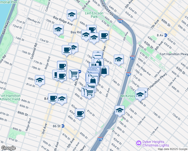 map of restaurants, bars, coffee shops, grocery stores, and more near 470 76th Street in Brooklyn