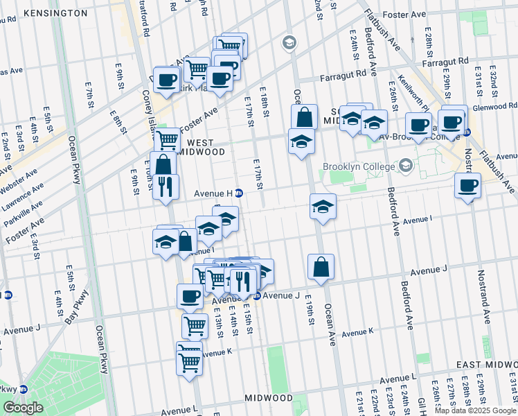 map of restaurants, bars, coffee shops, grocery stores, and more near 920 East 17th Street in Brooklyn