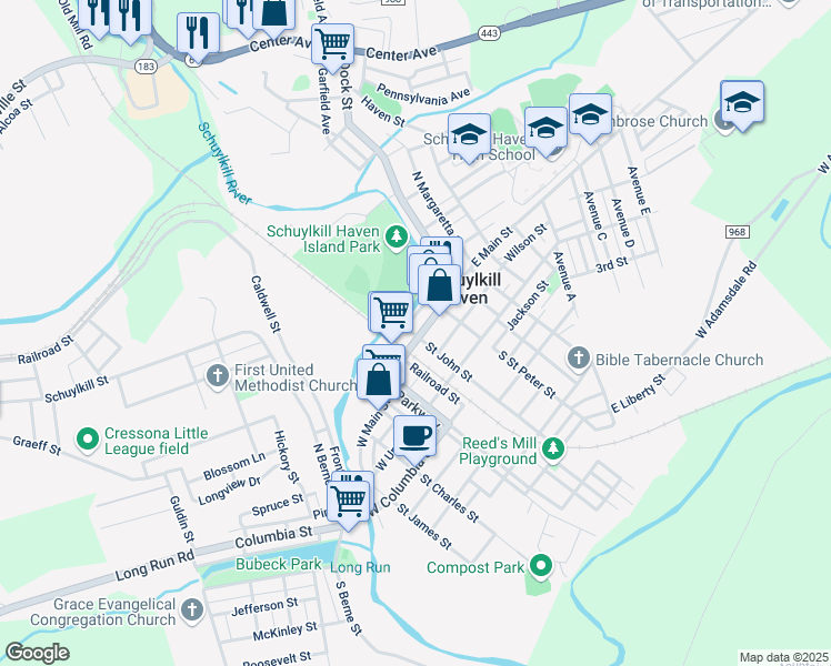 map of restaurants, bars, coffee shops, grocery stores, and more near 1 Main Street in Schuylkill Haven