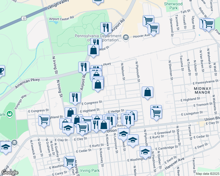 map of restaurants, bars, coffee shops, grocery stores, and more near 1140 East Woodlawn Street in Allentown