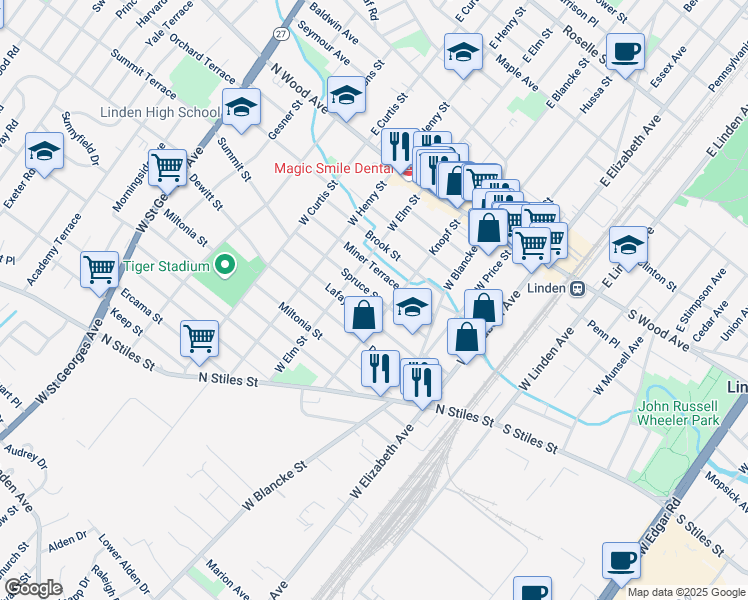 map of restaurants, bars, coffee shops, grocery stores, and more near 501 Knopf Street in Linden
