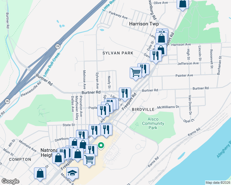 map of restaurants, bars, coffee shops, grocery stores, and more near 1016 Lilac Street in Natrona Heights