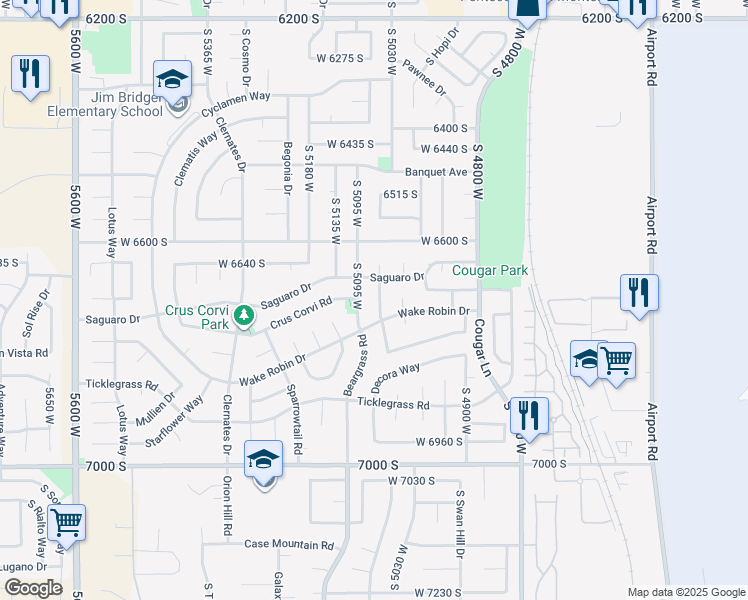 map of restaurants, bars, coffee shops, grocery stores, and more near 6706 Marshrock Road in West Jordan