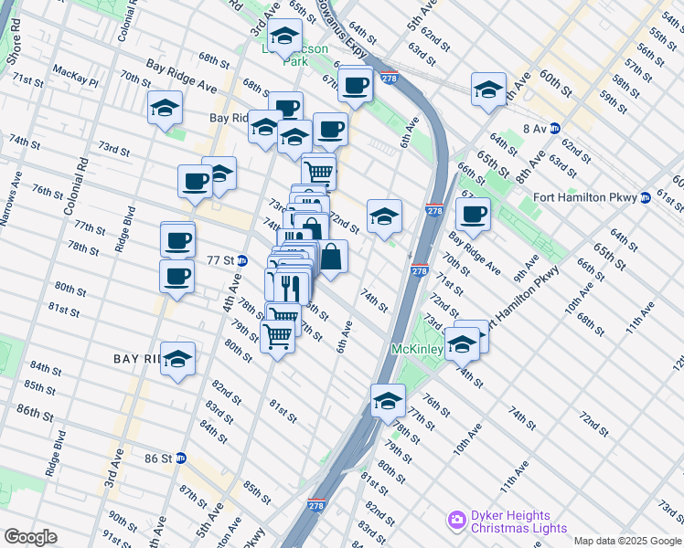 map of restaurants, bars, coffee shops, grocery stores, and more near 560 74th Street in Brooklyn