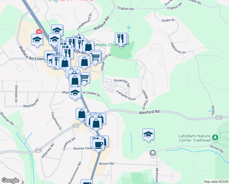 map of restaurants, bars, coffee shops, grocery stores, and more near 505 Fairgate Drive in Wexford