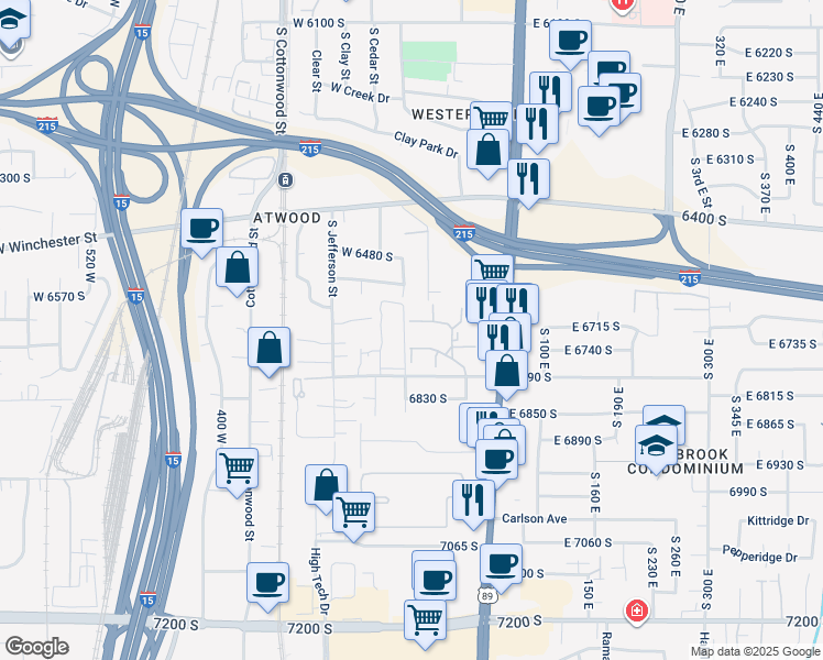 map of restaurants, bars, coffee shops, grocery stores, and more near 6647 South 70 West in Murray