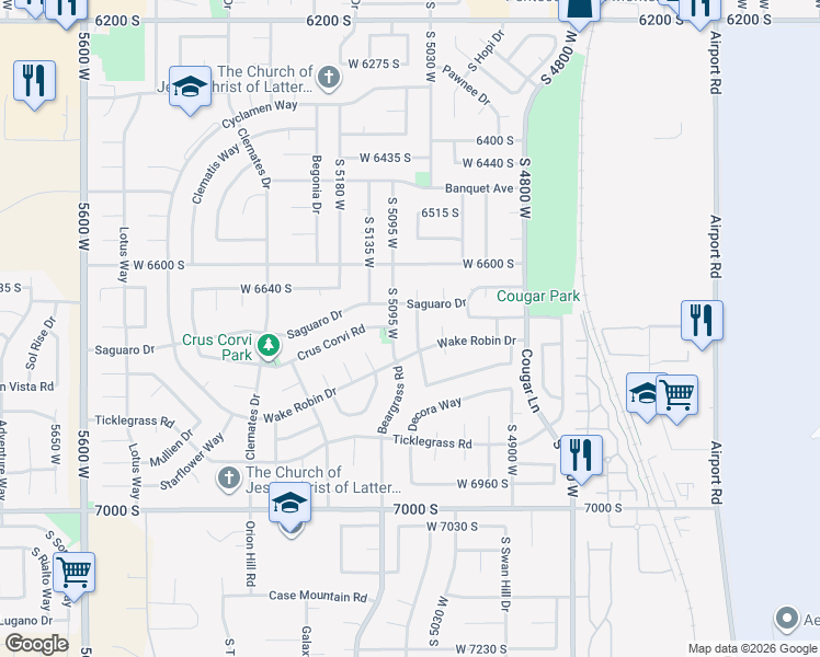map of restaurants, bars, coffee shops, grocery stores, and more near 6726 Beargrass Road in West Jordan