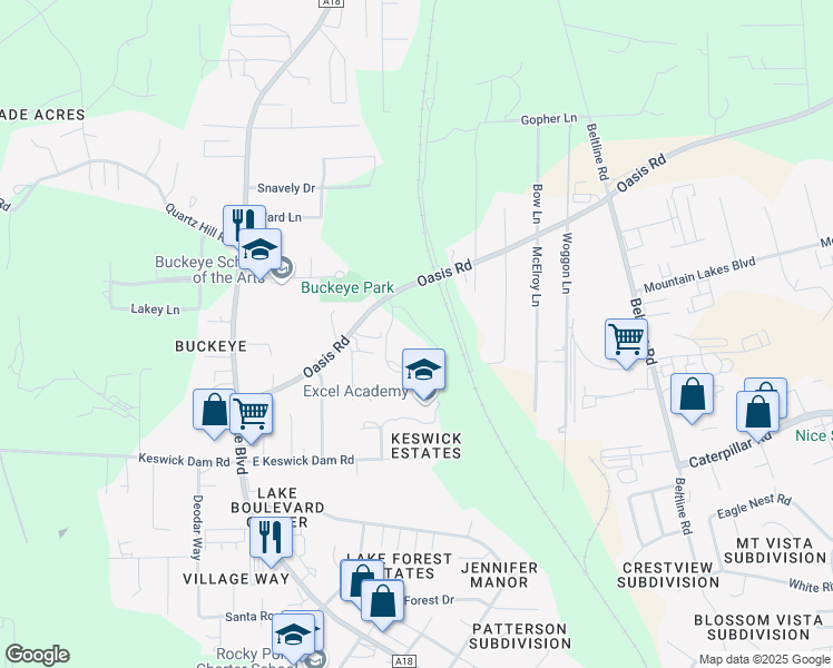 map of restaurants, bars, coffee shops, grocery stores, and more near 3711 Oasis Road in Redding