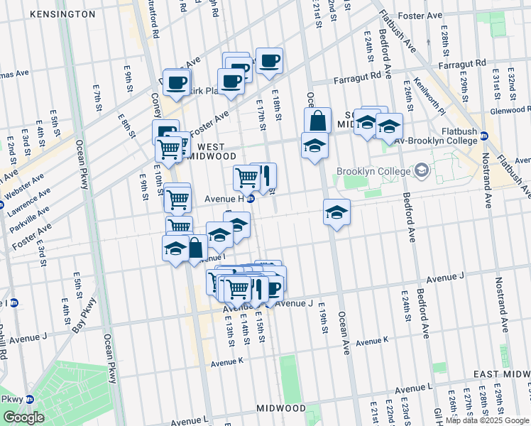 map of restaurants, bars, coffee shops, grocery stores, and more near 920 East 17th Street in Brooklyn