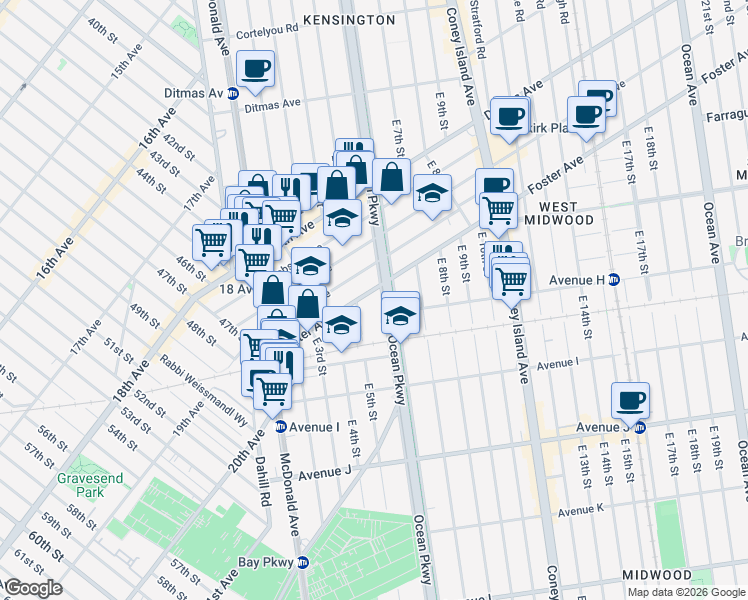 map of restaurants, bars, coffee shops, grocery stores, and more near 927 East 5th Street in Brooklyn
