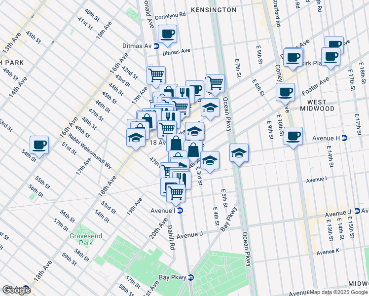 map of restaurants, bars, coffee shops, grocery stores, and more near 65 Parkville Avenue in Brooklyn