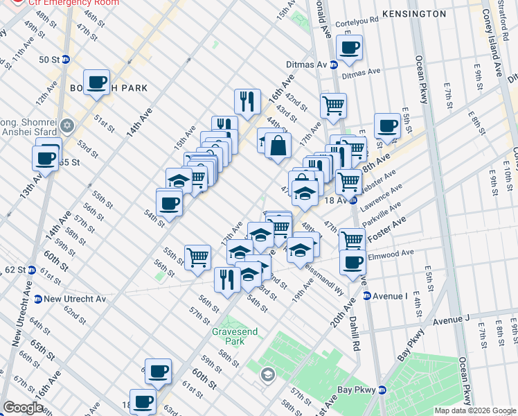 map of restaurants, bars, coffee shops, grocery stores, and more near 4916 Old New Utrecht Road in Brooklyn