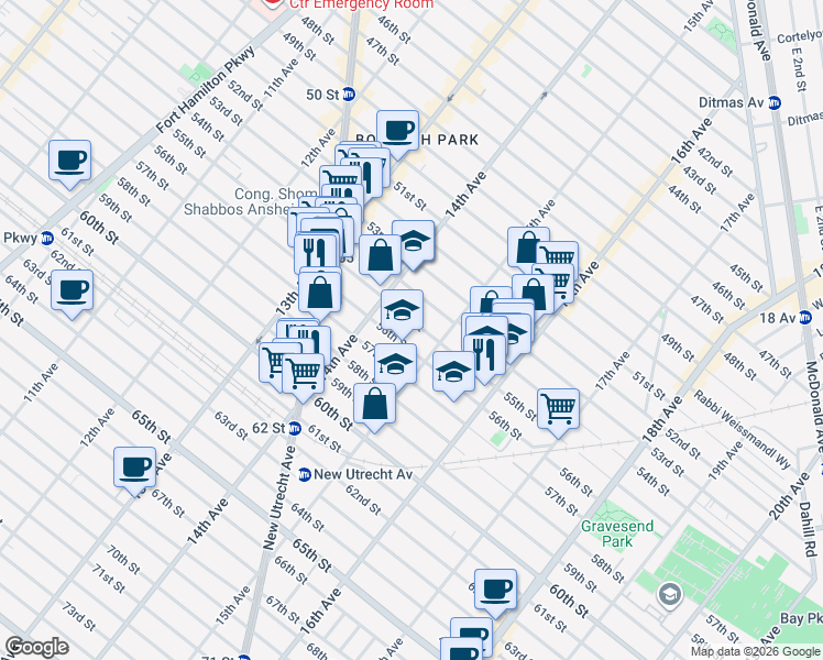 map of restaurants, bars, coffee shops, grocery stores, and more near 1471 56th Street in Brooklyn