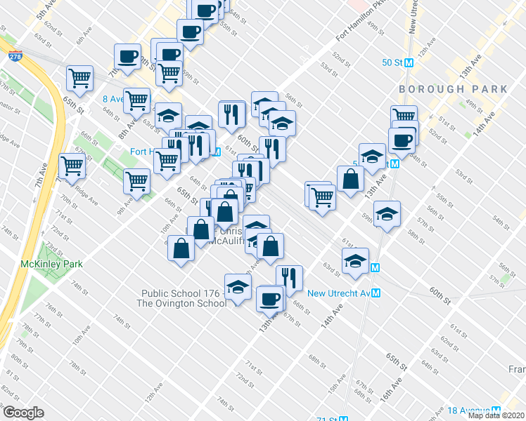 map of restaurants, bars, coffee shops, grocery stores, and more near 1136 63rd Street in Brooklyn