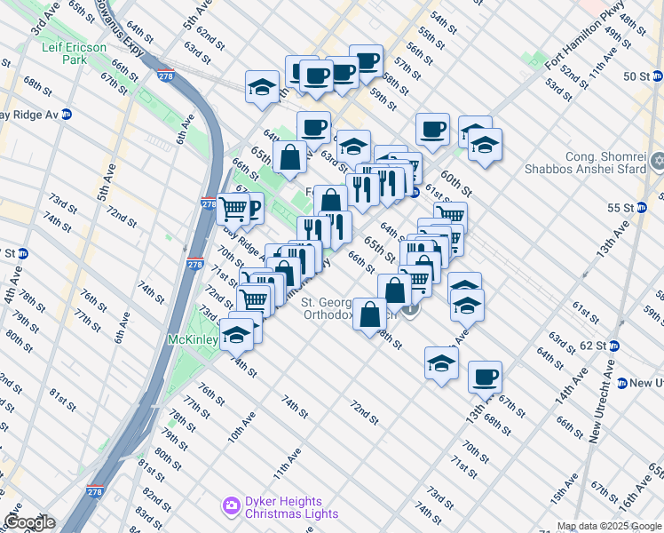 map of restaurants, bars, coffee shops, grocery stores, and more near 966 67th Street in Brooklyn