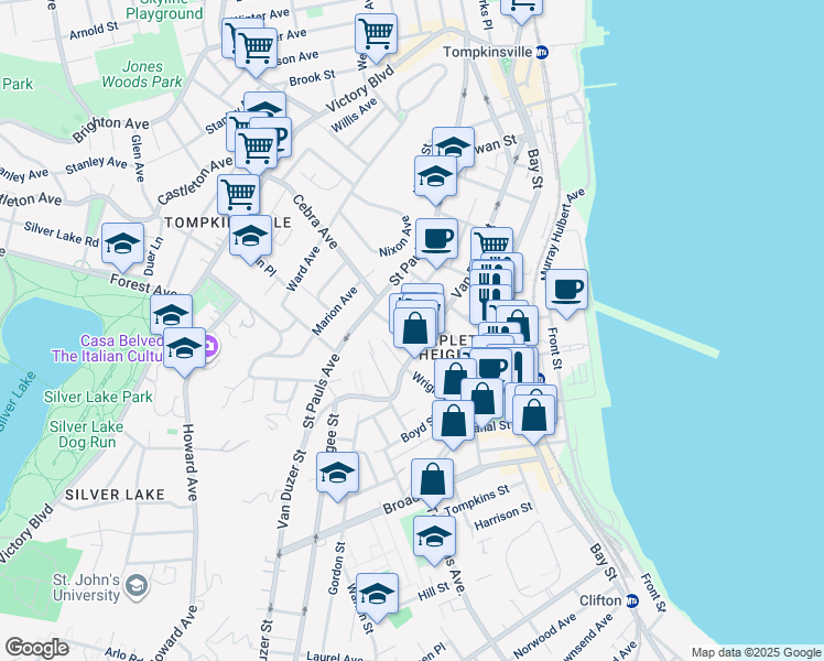 map of restaurants, bars, coffee shops, grocery stores, and more near 132 Beach Street in Staten Island
