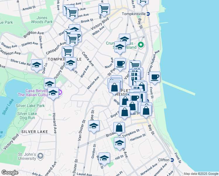map of restaurants, bars, coffee shops, grocery stores, and more near 132 Beach Street in Staten Island