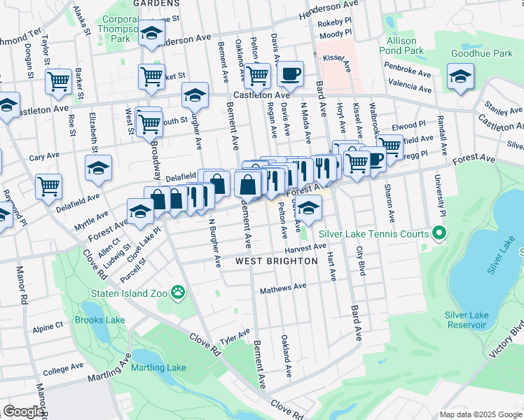 map of restaurants, bars, coffee shops, grocery stores, and more near 129 Morrison Avenue in Staten Island