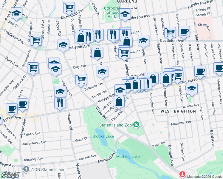 map of restaurants, bars, coffee shops, grocery stores, and more near 198 Elizabeth Street in Staten Island
