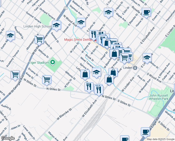 map of restaurants, bars, coffee shops, grocery stores, and more near 501 Knopf Street in Linden
