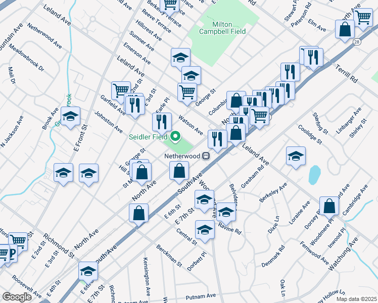 map of restaurants, bars, coffee shops, grocery stores, and more near in Plainfield