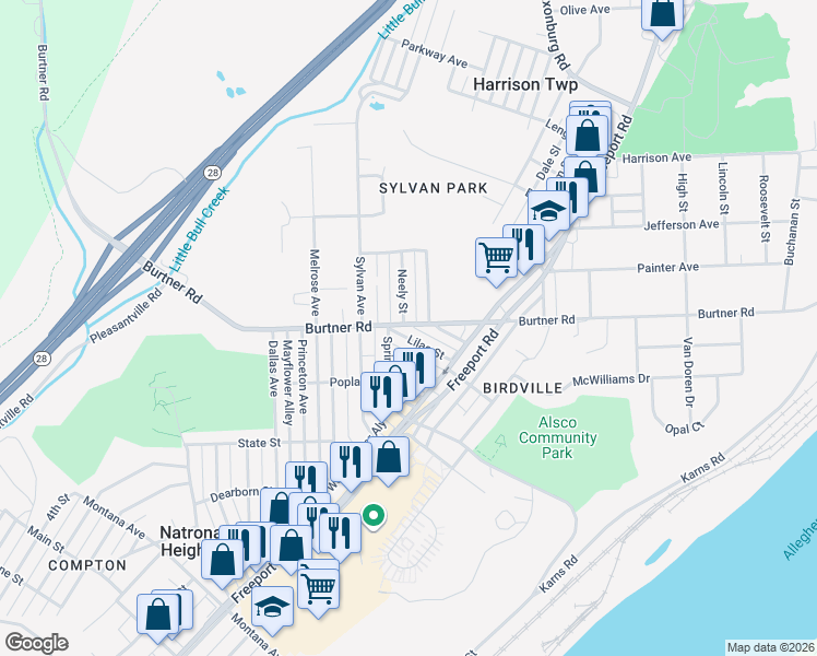 map of restaurants, bars, coffee shops, grocery stores, and more near 1418 Springhill Road in Natrona Heights