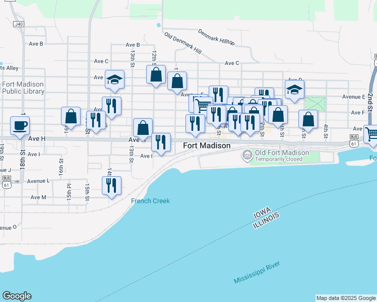 map of restaurants, bars, coffee shops, grocery stores, and more near 902 Riverview Drive in Fort Madison
