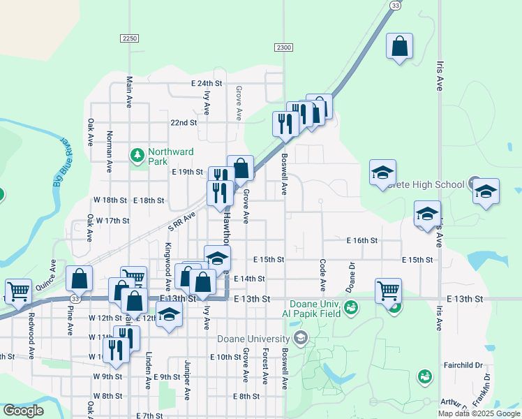 map of restaurants, bars, coffee shops, grocery stores, and more near 1706 Grove Avenue in Crete