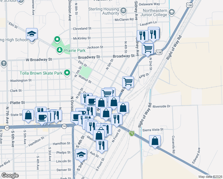 map of restaurants, bars, coffee shops, grocery stores, and more near 322 Walnut Street in Sterling
