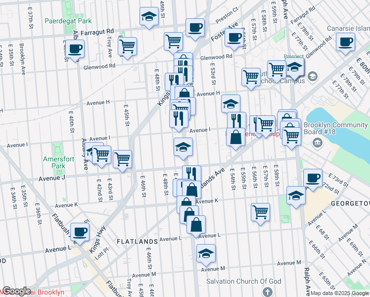 map of restaurants, bars, coffee shops, grocery stores, and more near 1740 Utica Avenue in Brooklyn