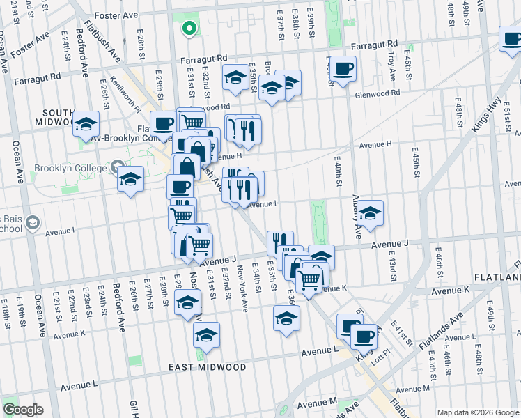map of restaurants, bars, coffee shops, grocery stores, and more near 3420 Avenue I in Brooklyn