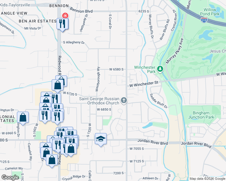 map of restaurants, bars, coffee shops, grocery stores, and more near 1390 West 6690 South in West Jordan