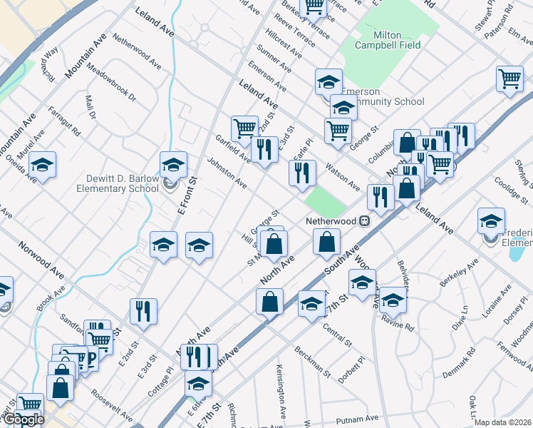 map of restaurants, bars, coffee shops, grocery stores, and more near 839 George Street in Plainfield