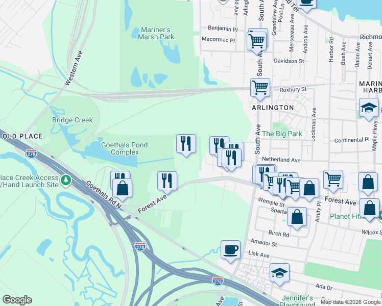 map of restaurants, bars, coffee shops, grocery stores, and more near 14 & 28 in Staten Island