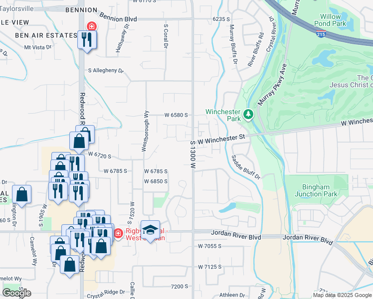 map of restaurants, bars, coffee shops, grocery stores, and more near 1320 West 6690 South in West Jordan