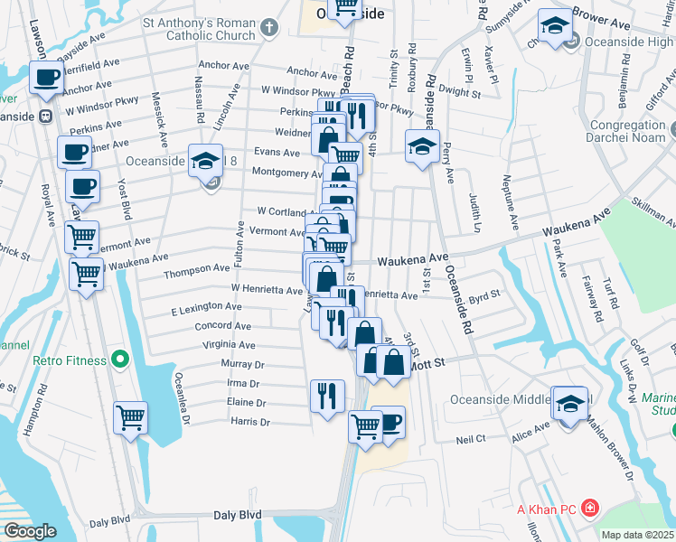 map of restaurants, bars, coffee shops, grocery stores, and more near None in Oceanside