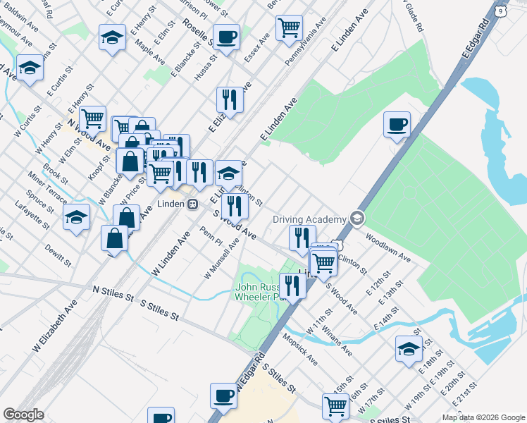 map of restaurants, bars, coffee shops, grocery stores, and more near 20 East Munsell Avenue in Linden