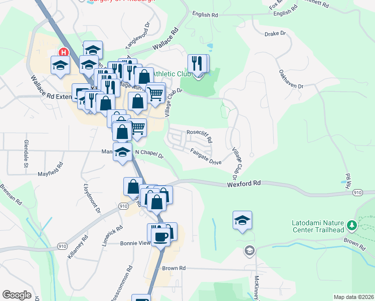 map of restaurants, bars, coffee shops, grocery stores, and more near 505 Fairgate Drive in Wexford