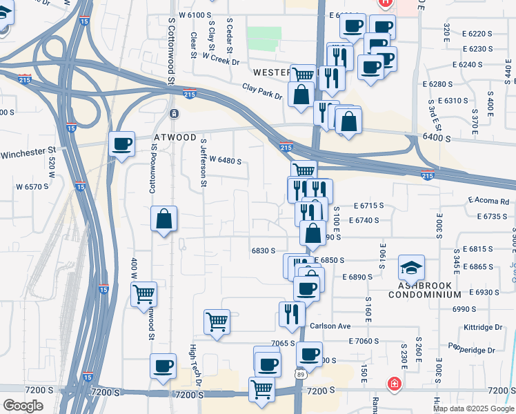 map of restaurants, bars, coffee shops, grocery stores, and more near 50 Lester Avenue in Murray