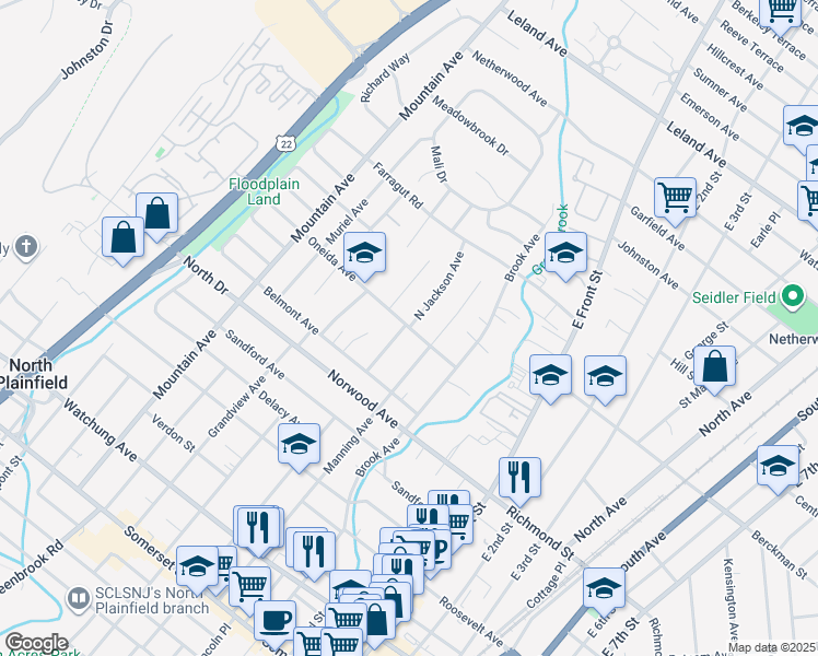 map of restaurants, bars, coffee shops, grocery stores, and more near Oneida Avenue & North Jackson Avenue in Plainfield