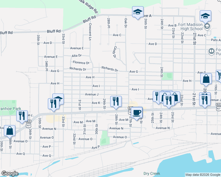 map of restaurants, bars, coffee shops, grocery stores, and more near 2813 Avenue J in Fort Madison