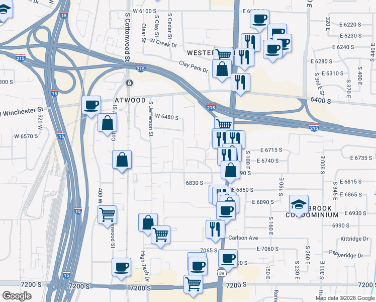 map of restaurants, bars, coffee shops, grocery stores, and more near 50 Lester Avenue in Murray