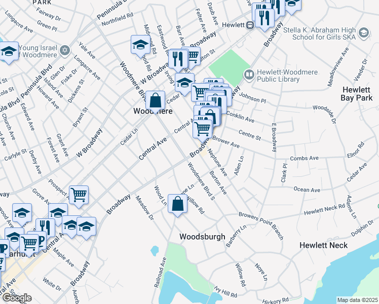 map of restaurants, bars, coffee shops, grocery stores, and more near in Woodmere