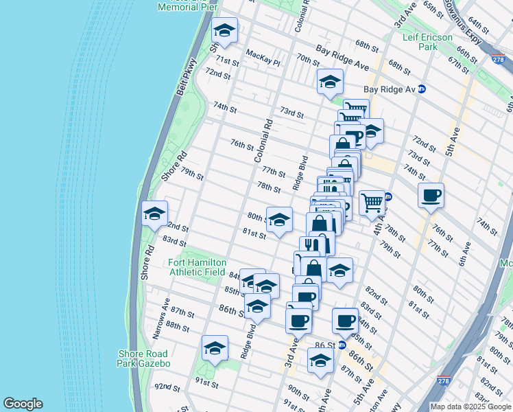 map of restaurants, bars, coffee shops, grocery stores, and more near 147 80th Street in Brooklyn